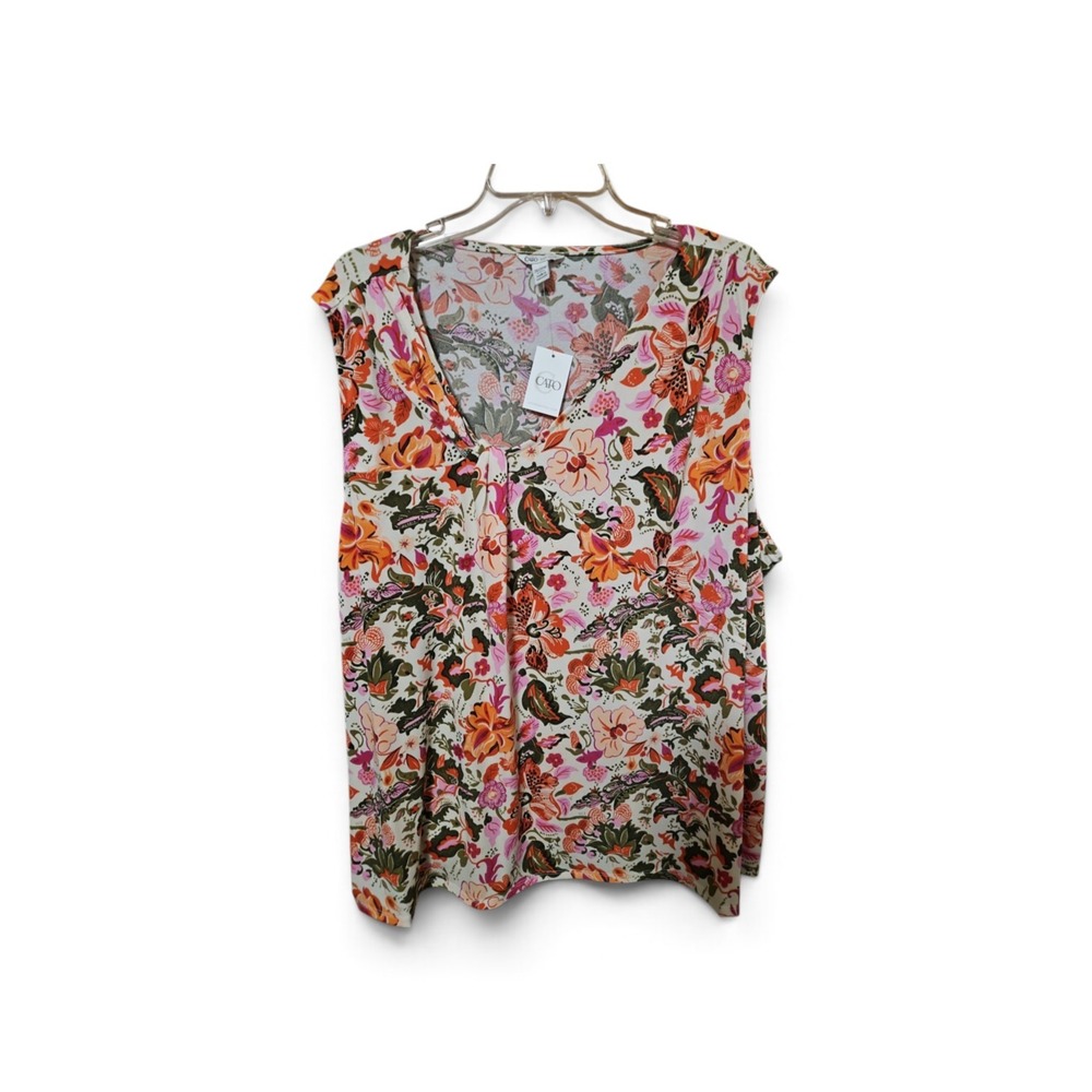 Cato Floral V-Neck Sleeveless Blouse Orange Pink Green Plus Size 22W 24W 0442